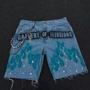 Custom Flame Denim Shorts – “Gallery of Illusions” | Rhinestone Drip, Chains, Y2